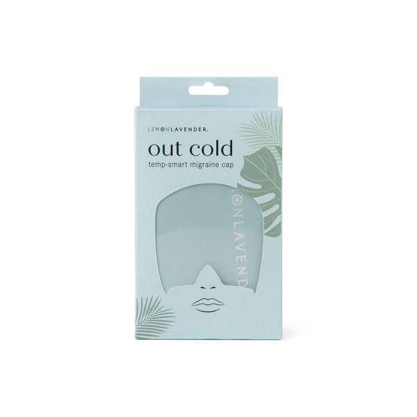 Doodlations Coffee Bar & Boutique Lemon Lavender Out Cold temp-smart migraine relief cap in its retail packaging.