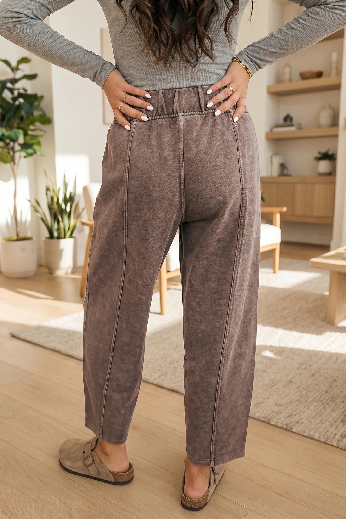 Doodlations Coffee Bar & Boutique coffee mineral wash barrel pants with elastic waist and seam details, back view