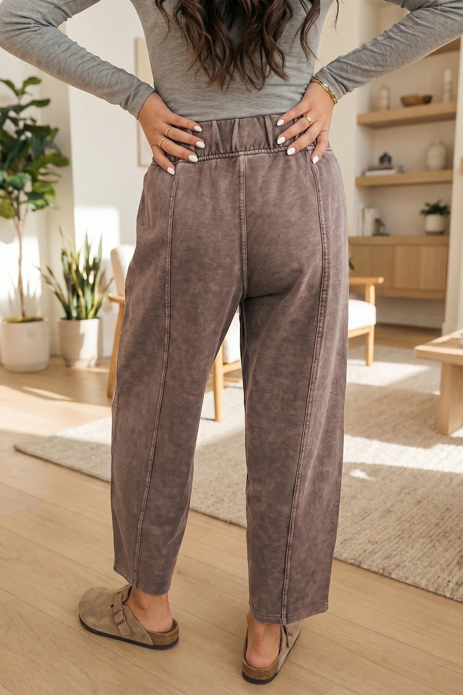 Doodlations Coffee Bar & Boutique coffee mineral wash barrel pants with elastic waist and seam details, back view