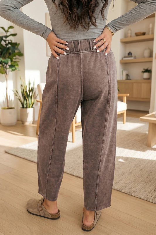 Doodlations Coffee Bar & Boutique coffee mineral wash barrel pants with elastic waist and seam details, back view