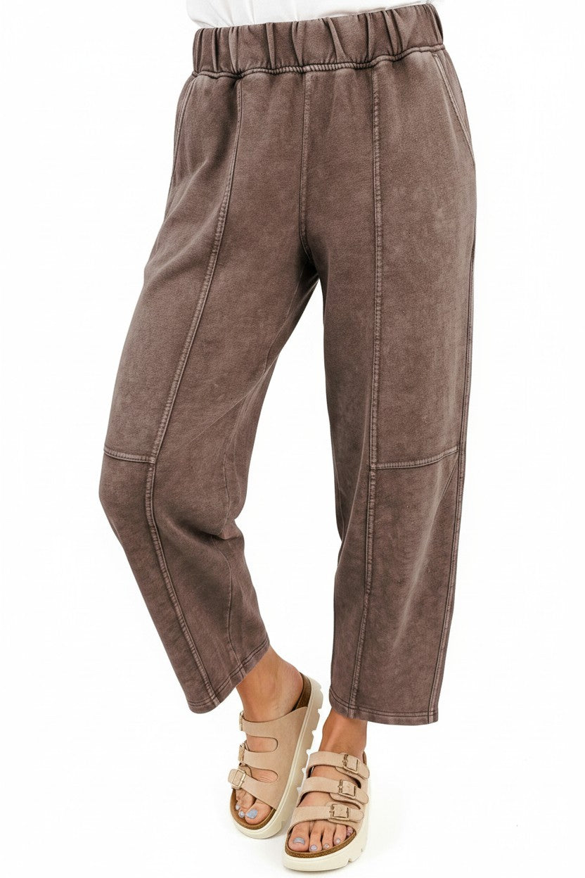 Doodlations Coffee Bar & Boutique barrel pants in coffee mineral wash with elastic waist and seam detailing.