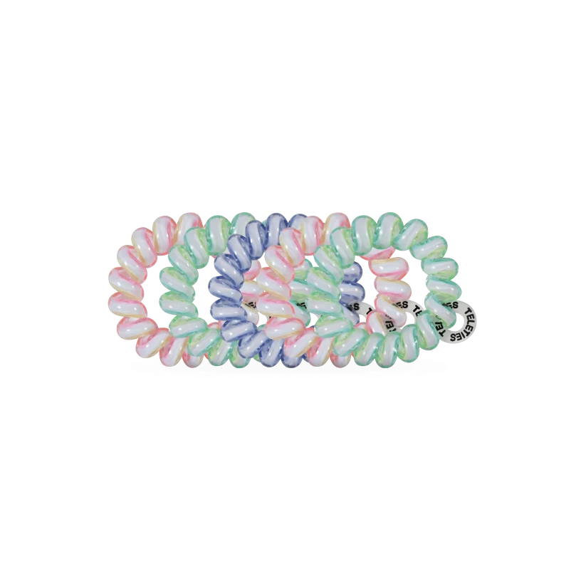 Doodlations Coffee Bar & Boutique Shades of Summer mini coil hair ties in pastel pink, green, and blue for thin hair.