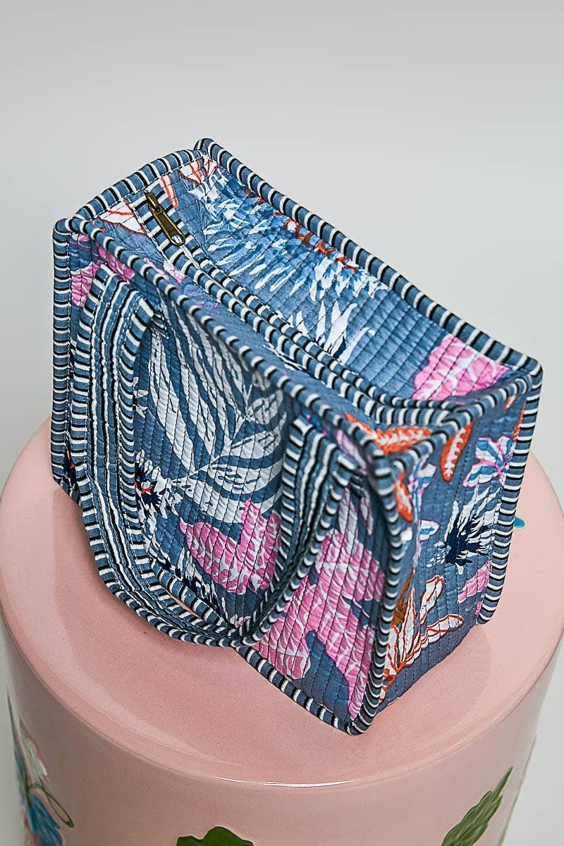 Doodlations Coffee Bar & Boutique mini quilted cotton cube bag with blue floral print and striped trim