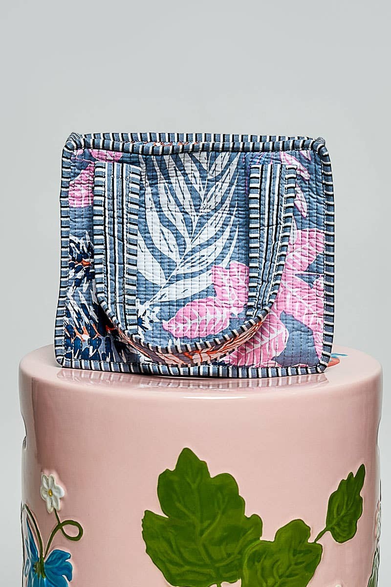 Doodlations Coffee Bar & Boutique mini quilted cotton tote bag with a blue and pink floral screen-printed pattern.