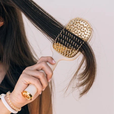 Doodlations Coffee Bar & Boutique Teleties mini vented hair brush with gold plate and ergonomic handle styling hair
