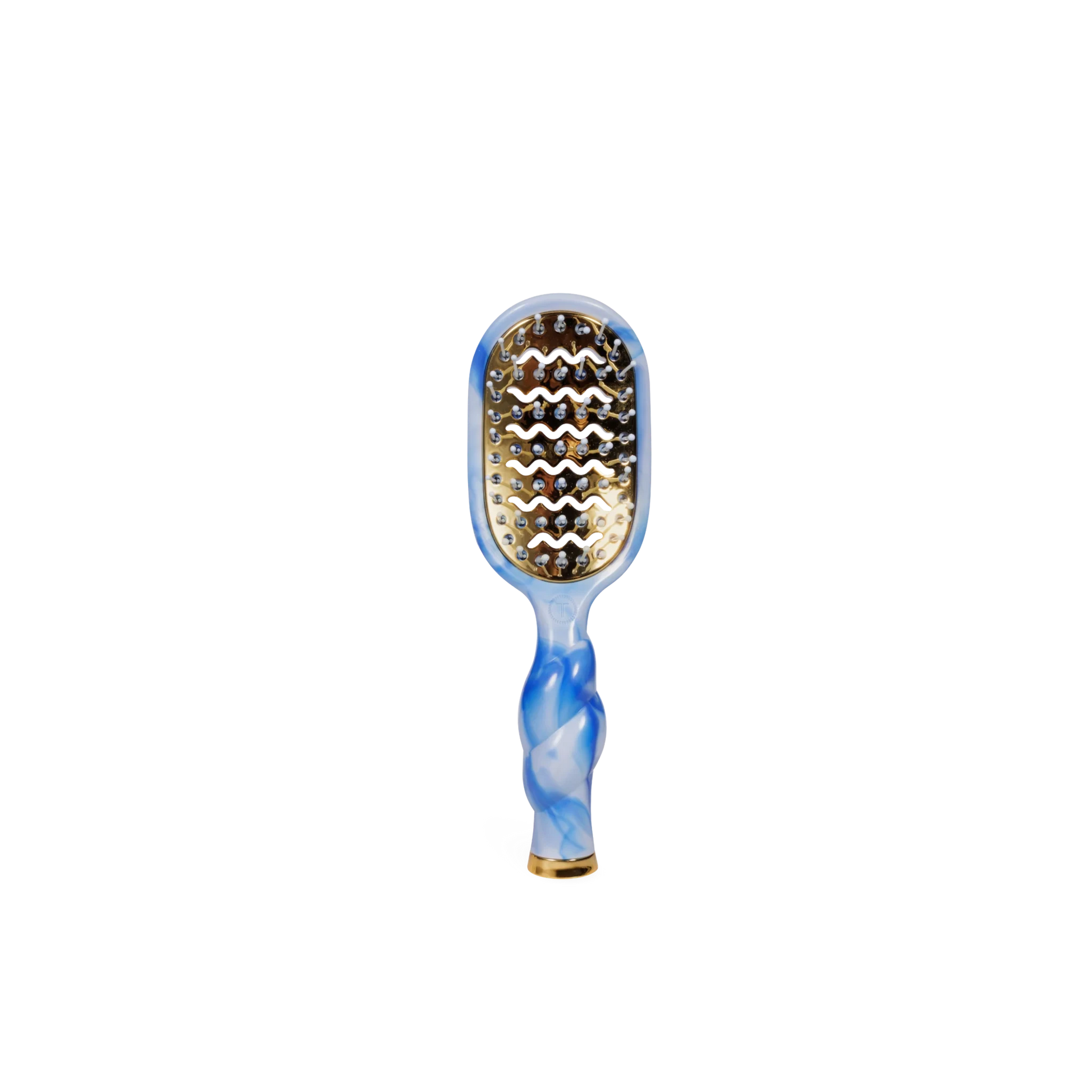 Doodlations Coffee Bar & Boutique Teleties mini vented hair brush with a blue and white swirl coil handle