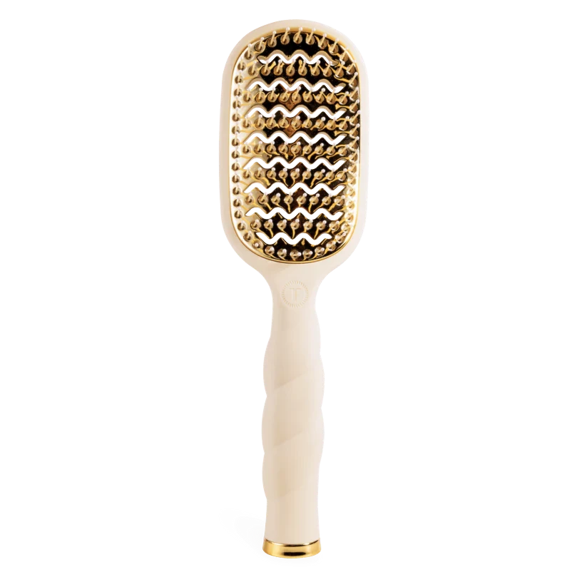 Doodlations Coffee Bar & Boutique Teleties mini vented hair brush with a cream coil handle and gold heat plate.