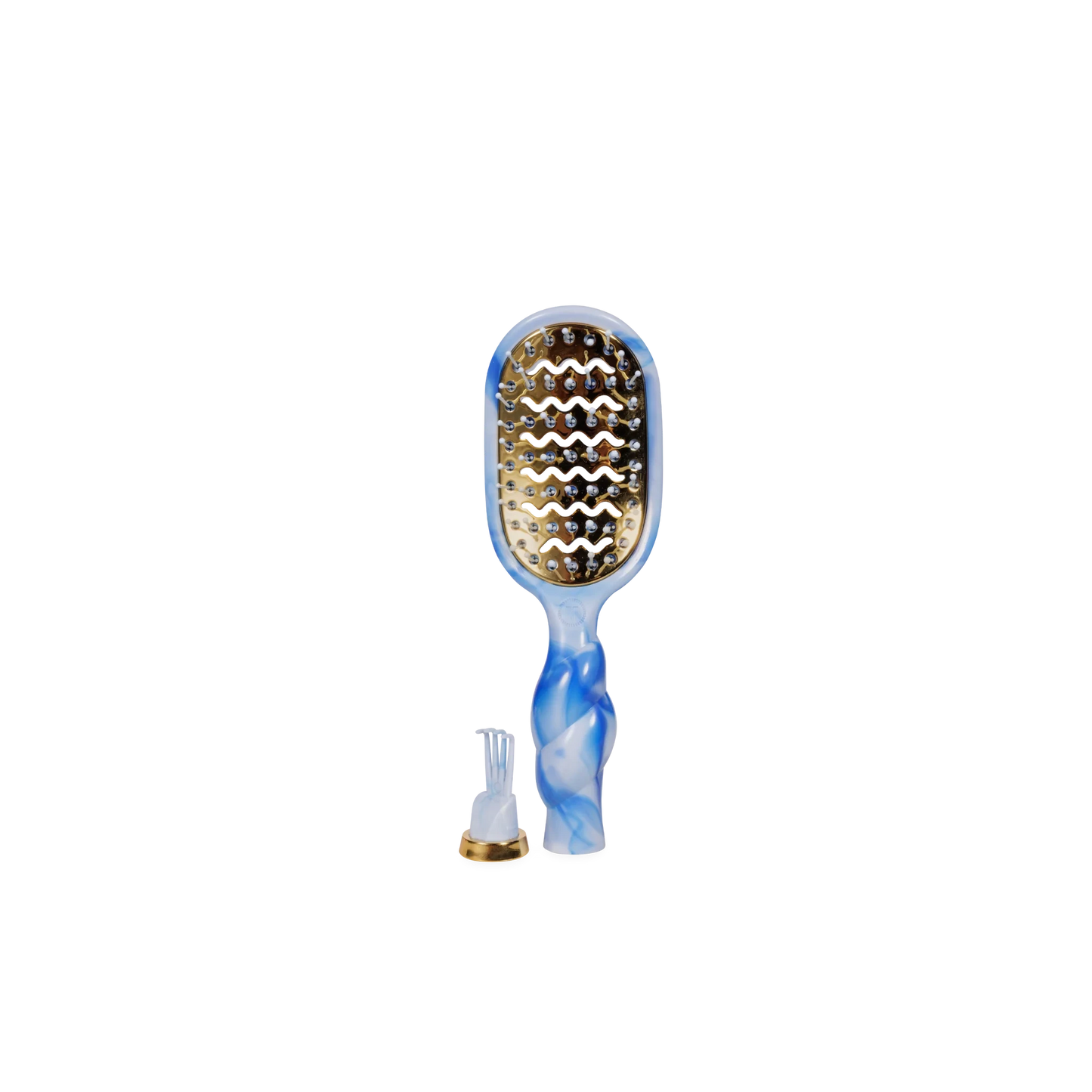 Doodlations Coffee Bar & Boutique Teleties mini vented hair brush in blue tie-dye with a unique coil handle design.
