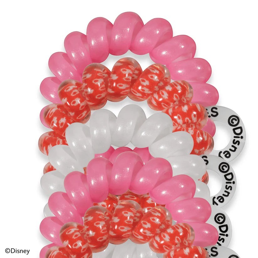 Doodlations Coffee Bar & Boutique Minnie Mouse tiny spiral hair ties in pink, red, and white for fine hair