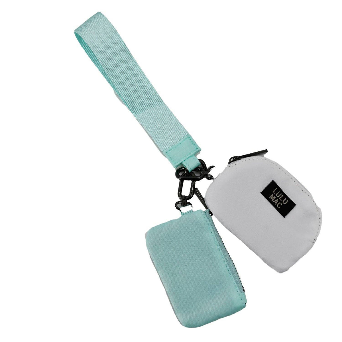 Doodlations Coffee Bar & Boutique Lulu Mac double pouch wristlet in mint and white with a matching wrist strap.