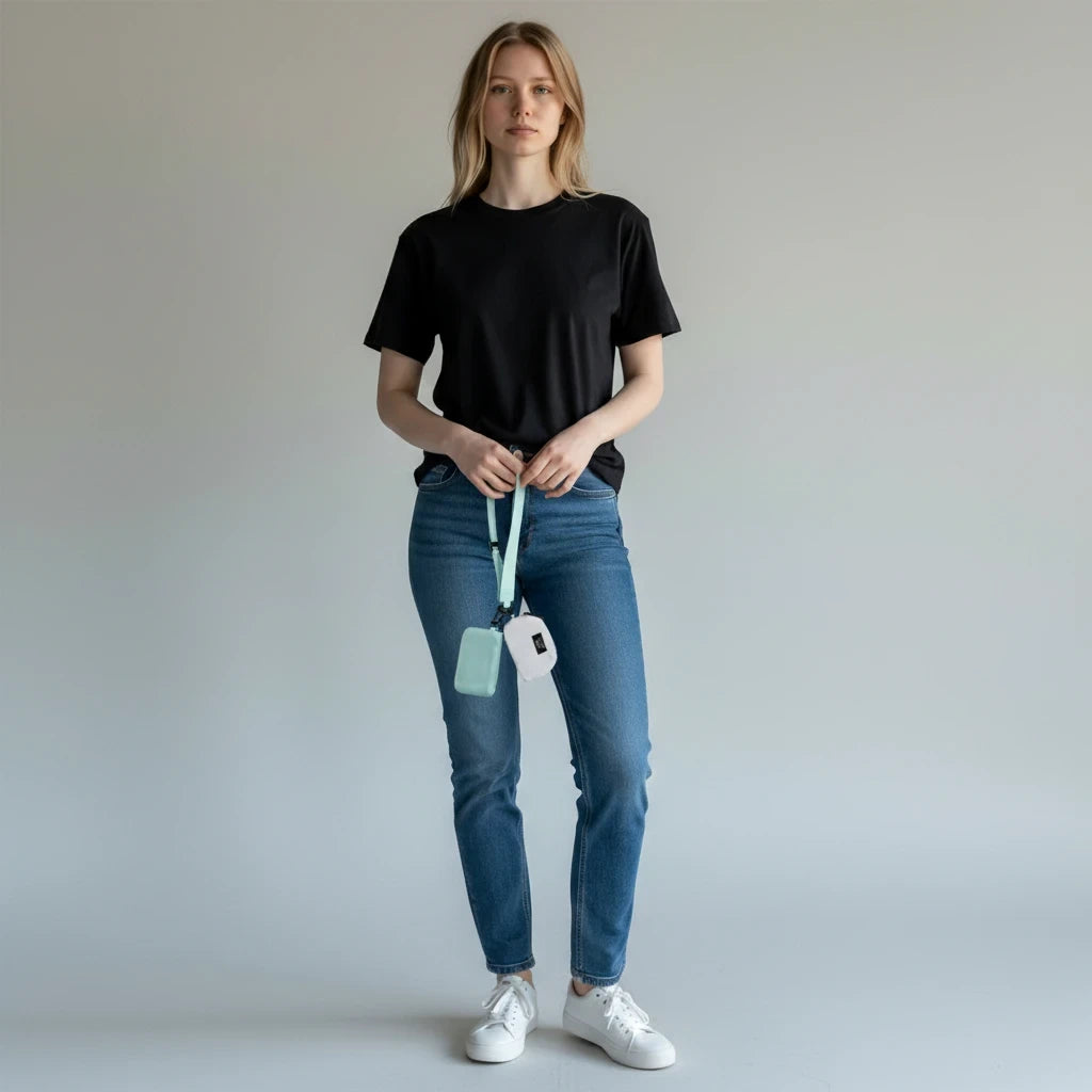 A model wearing a black t-shirt and jeans holds a Doodlations Coffee Bar & Boutique mint and white double pouch wristlet