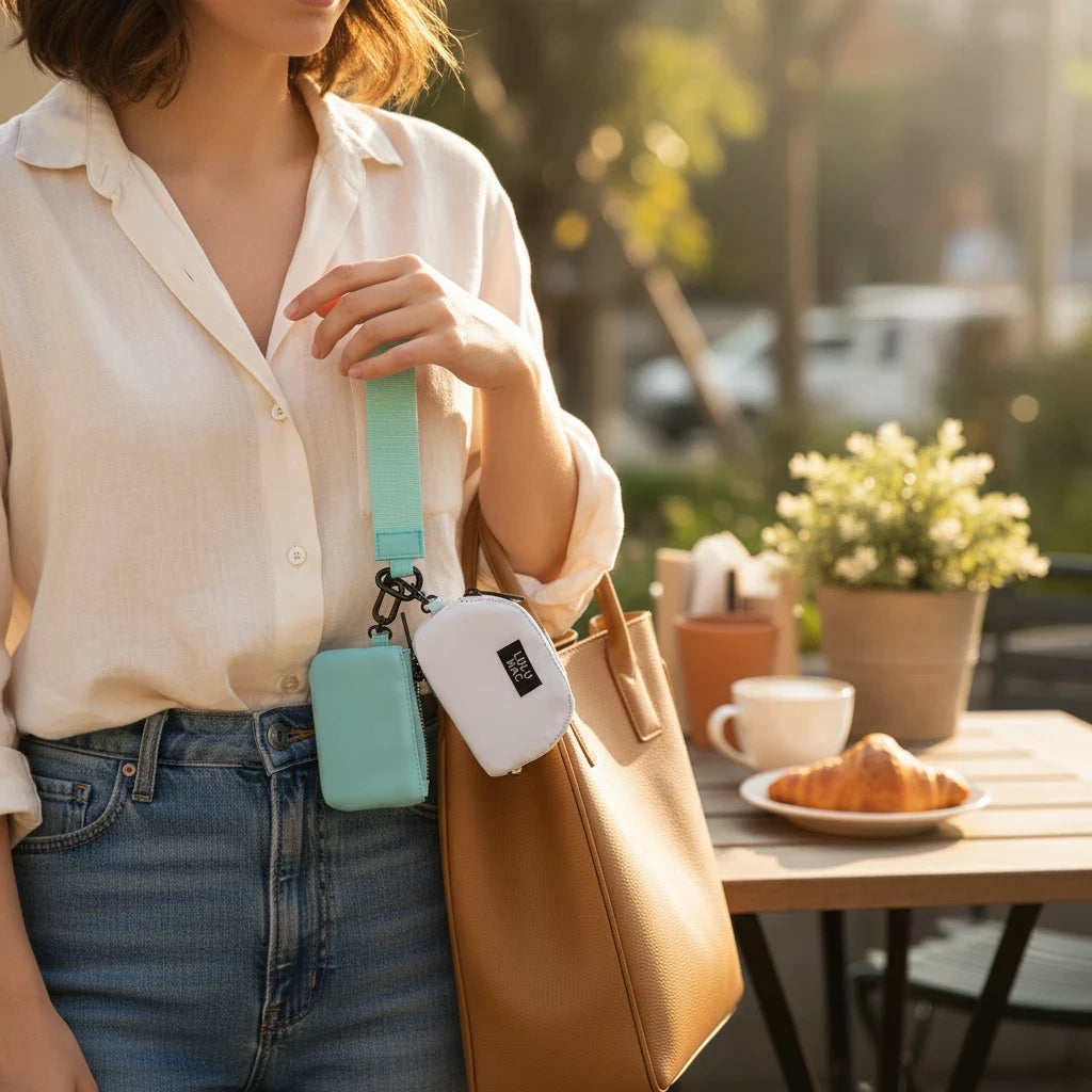Doodlations Coffee Bar & Boutique mint and white double pouch wristlet set attached to a tan leather tote bag