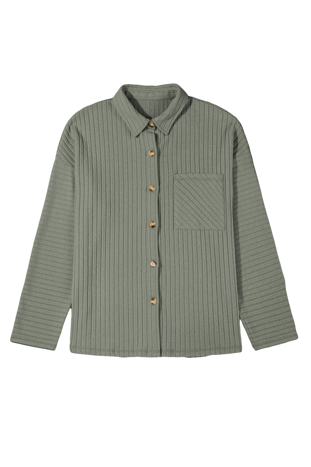 Doodlations Coffee Bar & Boutique mist green long sleeve button-down shirt in soft ribbed fabric with a chest pocket.