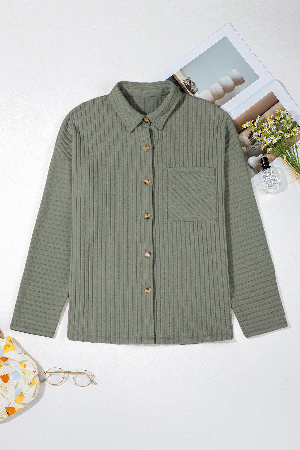 Doodlations Coffee Bar & Boutique mist green long sleeve ribbed button down shirt with a chest pocket