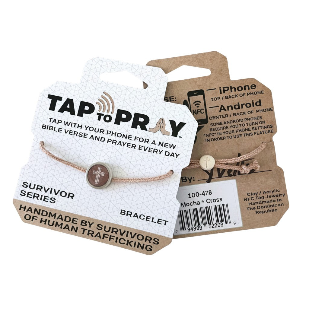 Doodlations Coffee Bar & Boutique Survivor Series bracelet with a mocha-colored cord and a clay tag featuring a cross. Adjustable 4"-9".