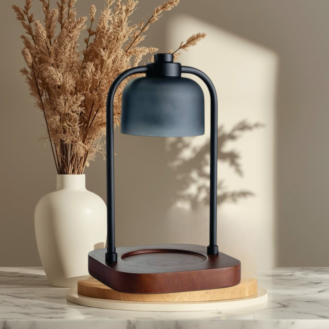 Doodlations Coffee Bar & Boutique modern candle warmer lamp with dark metal and wood base.