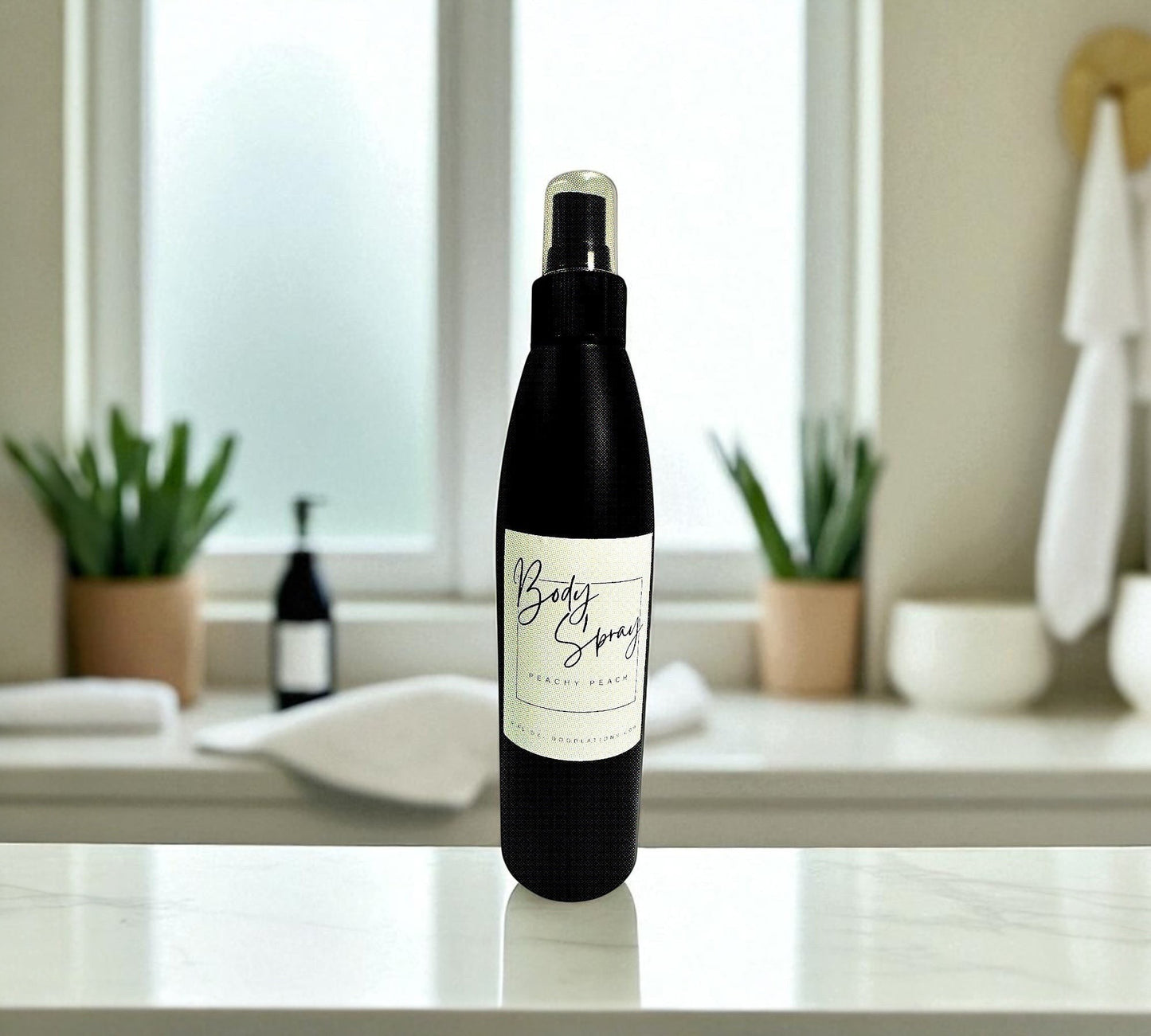 Doodlations Coffee Bar & Boutique 8oz moisturizing body spray in a black bottle with a white label on a bathroom counter.
