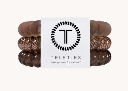 Doodlations Coffee Bar & Boutique Teleties Morning Brew spiral coil hair ties in warm coffee brown, pack of three.