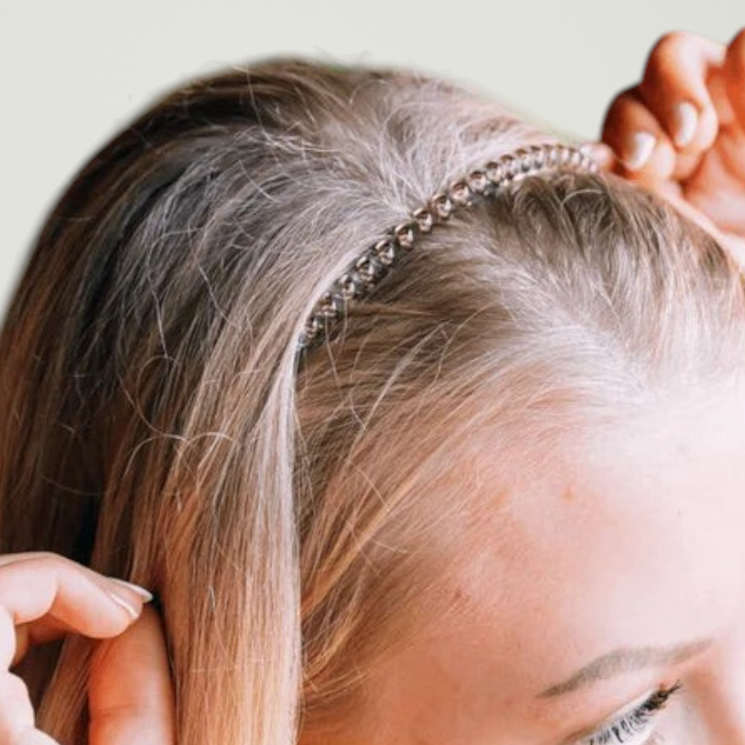 Doodlations Coffee Bar & Boutique Teleties Morning Brew headband worn on blonde hair to pull back strands
