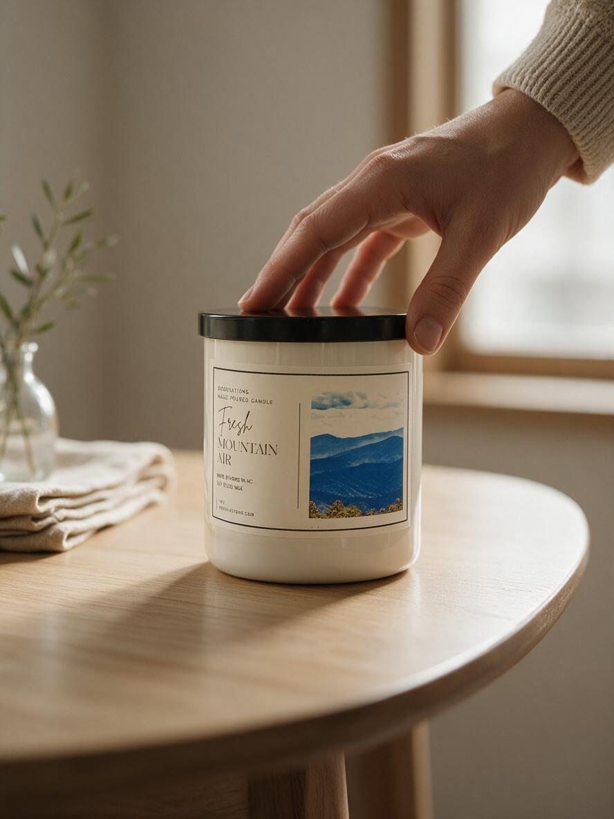 Doodlations Coffee Bar & Boutique luxury candle in a white jar with a mountain landscape label on a wooden table.