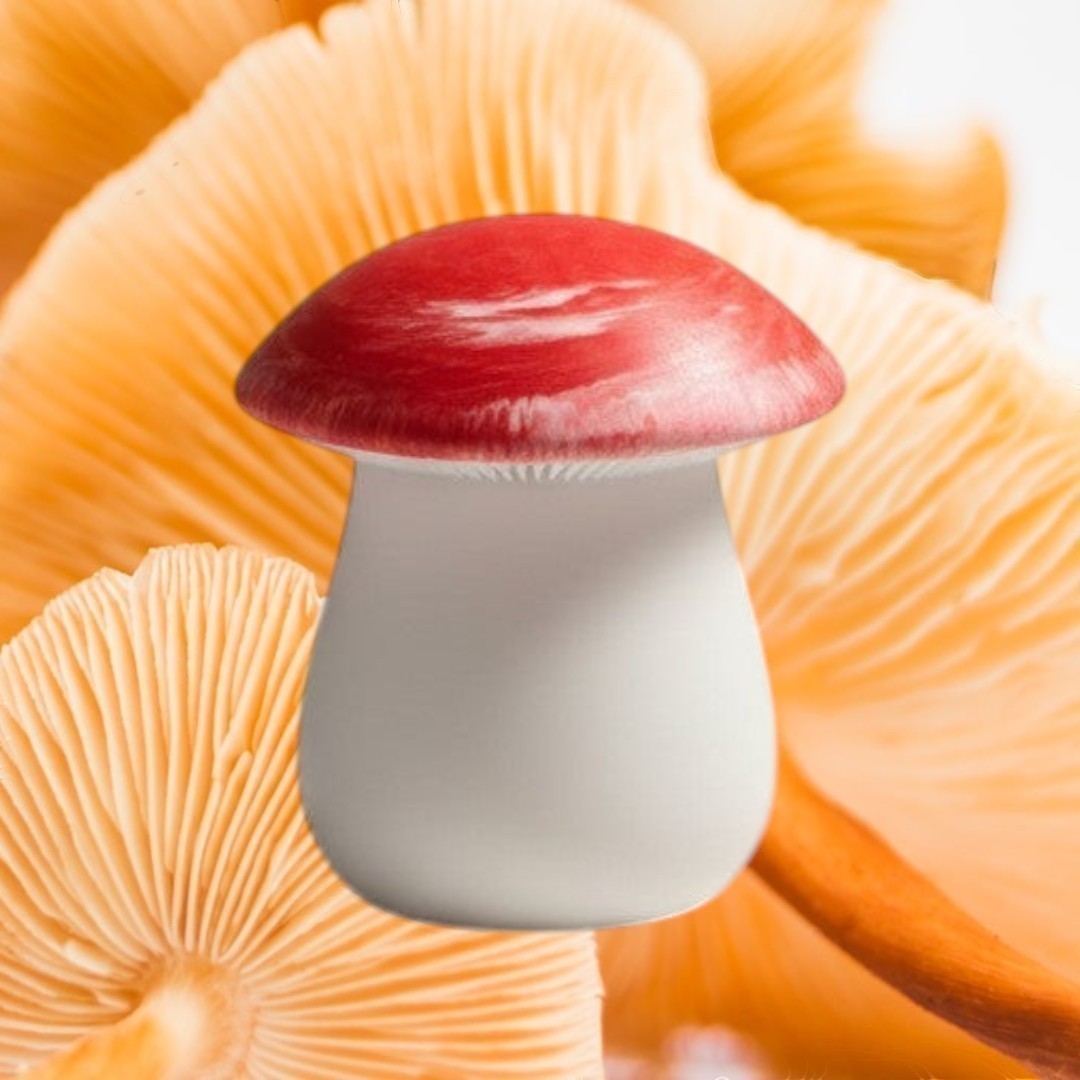 Doodlations Coffee Bar & Boutique mushroom-shaped concrete candle with a red cap and white base, soy wax, salted honey scent.