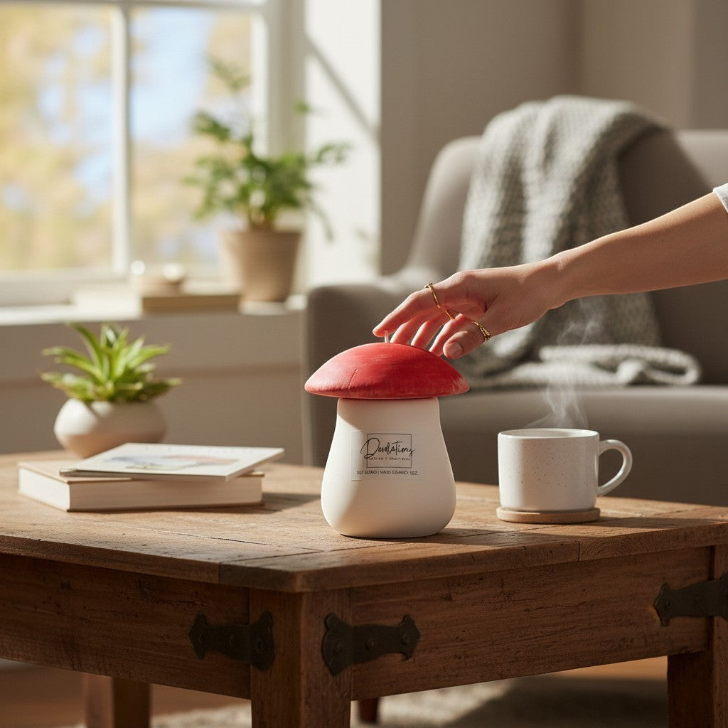Doodlations Coffee Bar & Boutique mushroom-shaped concrete candle with red lid, emitting steam, on a wooden table.