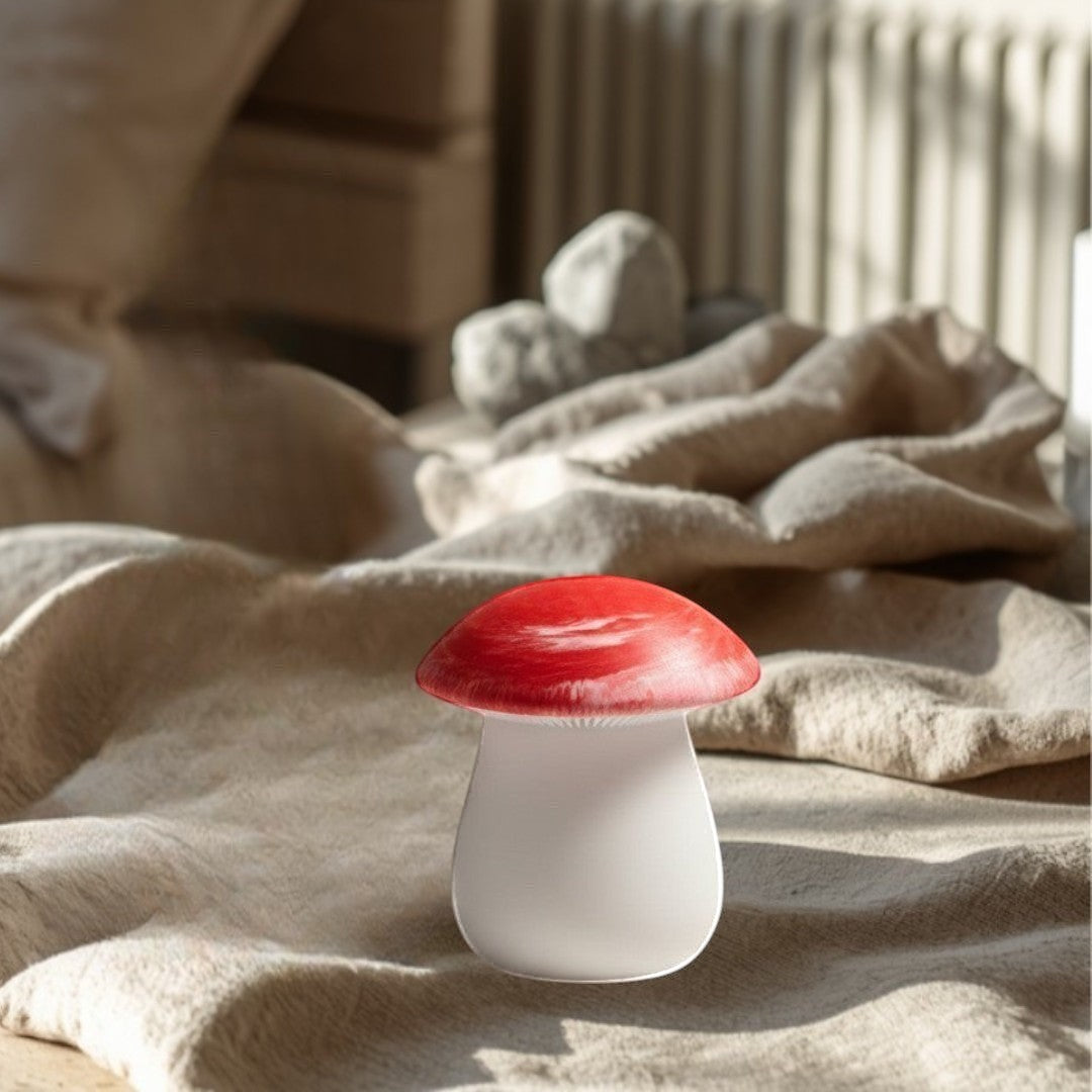 Doodlations Coffee Bar & Boutique mushroom-shaped concrete candle with red and white swirled top and white base. Salted honey scent.