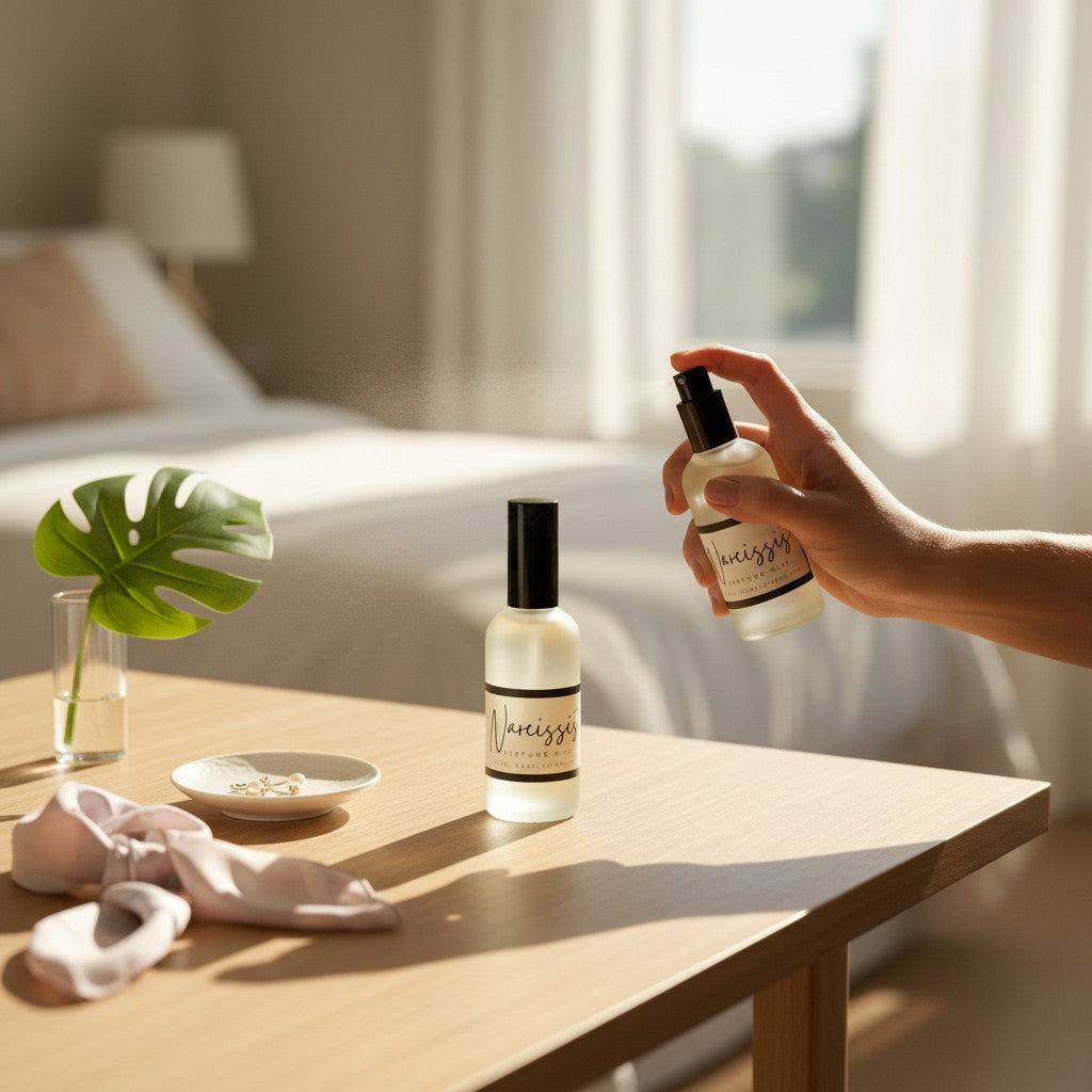 Doodlations Coffee Bar & Boutique The Narcissist fine mist perfume bottle being sprayed in a bright bedroom setting.