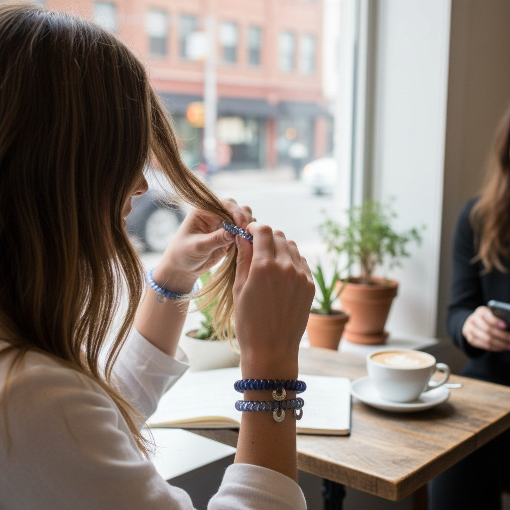 Doodlations Coffee Bar & Boutique navy hair ties worn as bracelets and in hair by a woman at a cafe table