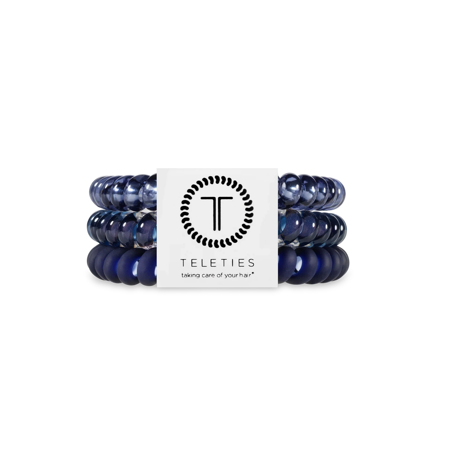 Doodlations Coffee Bar & Boutique Nightfall Navy spiral hair ties that provide a strong grip and prevent hair damage.
