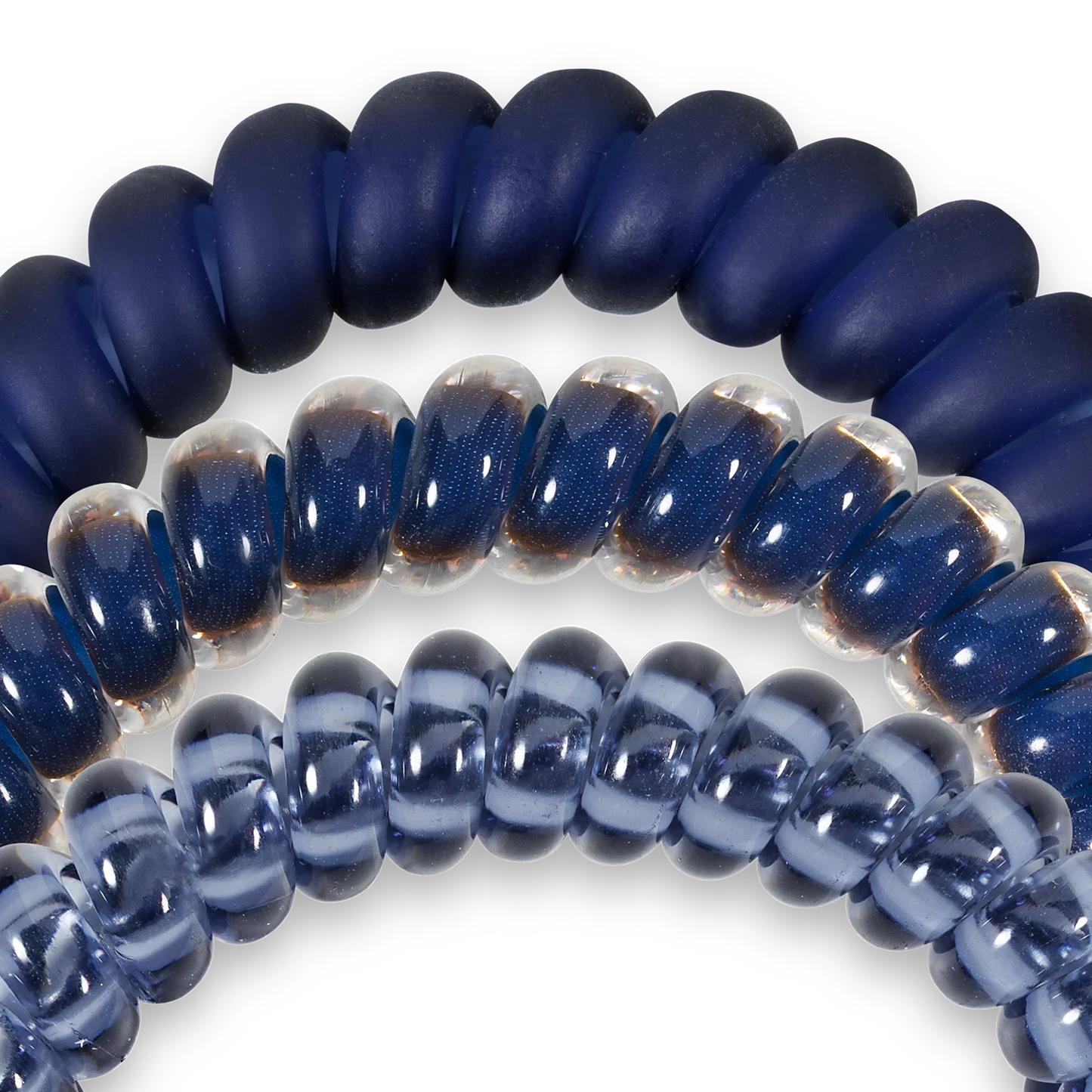 Doodlations Coffee Bar & Boutique navy blue spiral hair ties with a durable, no-rip design for gentle hair styling.