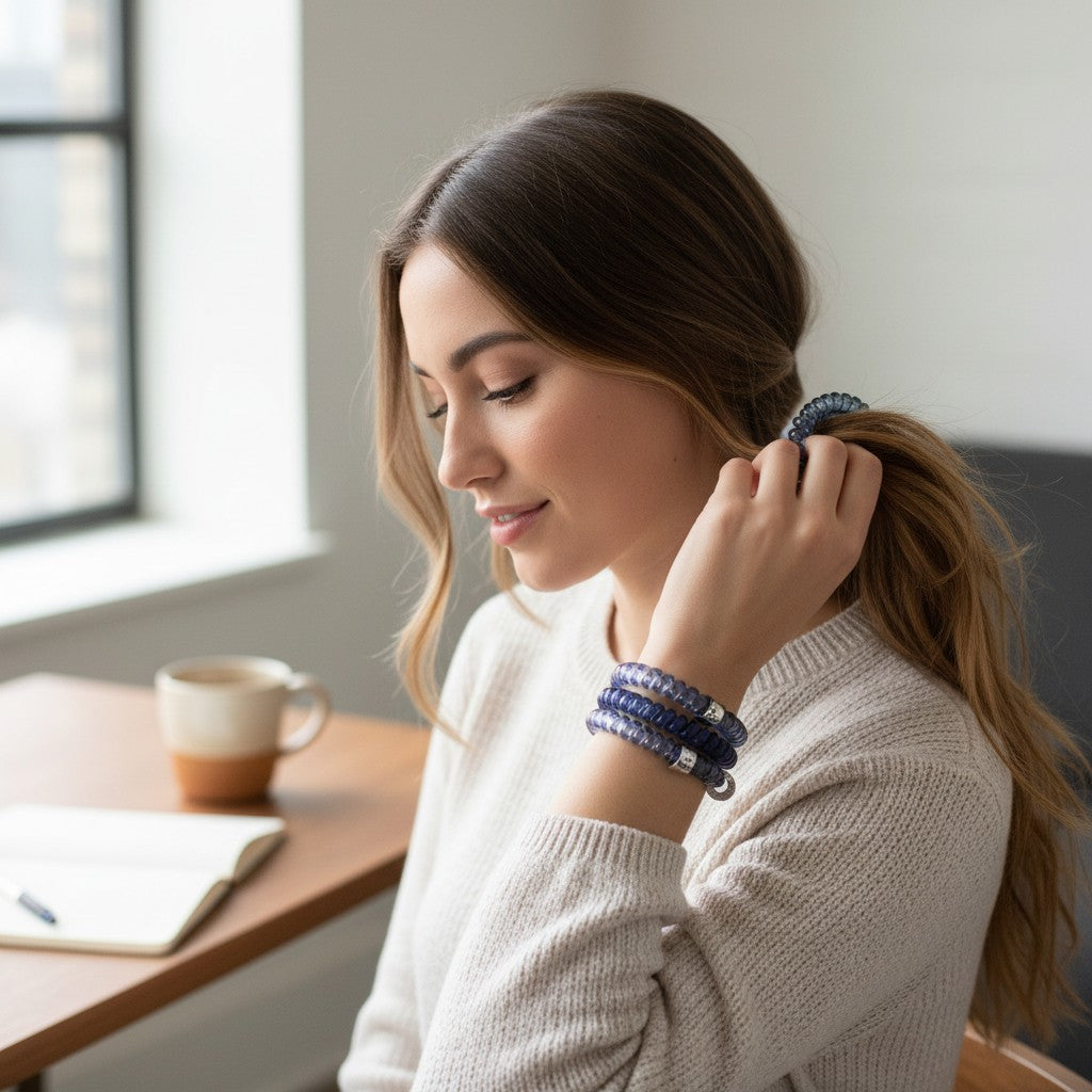 A woman wearing Doodlations Coffee Bar & Boutique navy spiral hair ties as a bracelet while styling her hair.