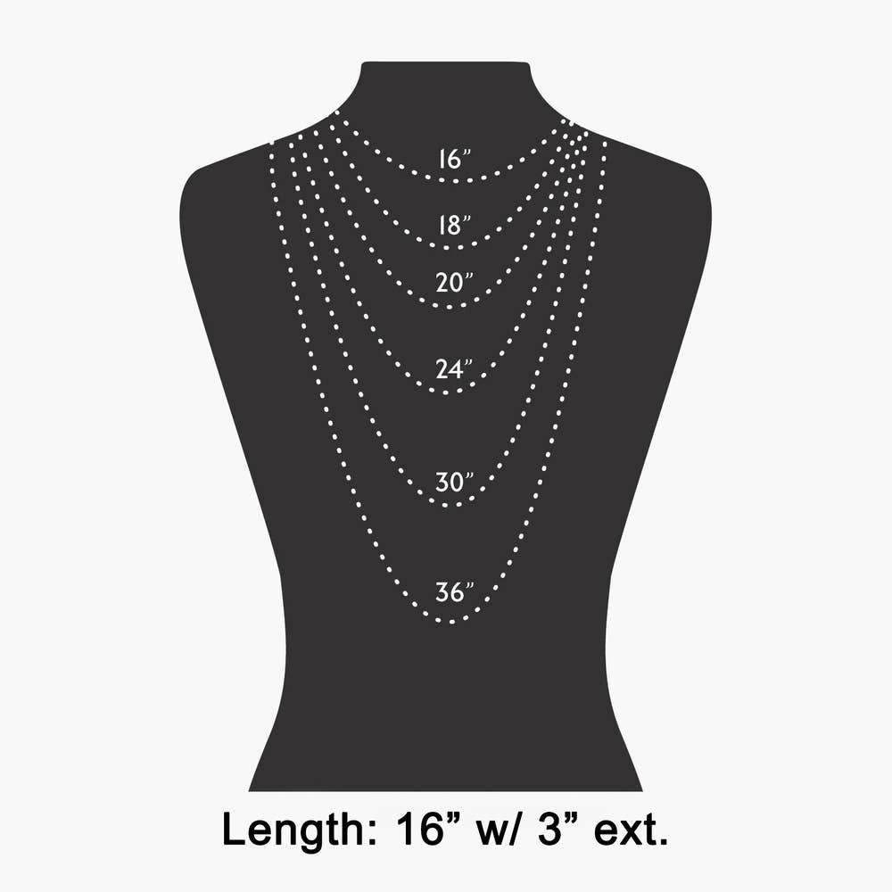 Doodlations Coffee Bar & Boutique necklace length guide showing various chain lengths on a black mannequin bust