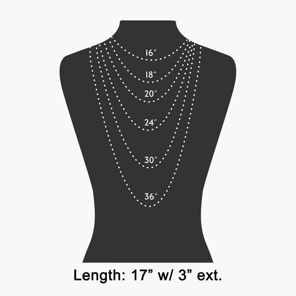 Doodlations Coffee Bar & Boutique necklace length guide showing chain sizes from 16 to 36 inches on a mannequin bust