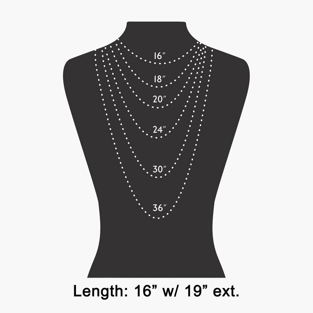 Doodlations Coffee Bar & Boutique necklace length guide showing chain drop positions from 16 to 36 inches on a mannequin