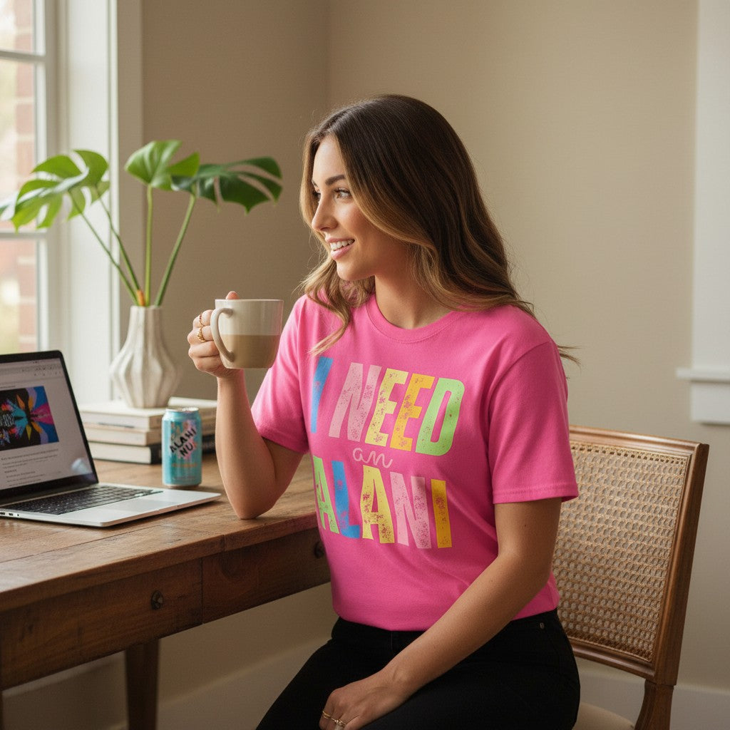 Doodlations Coffee Bar & Boutique neon pink 100% cotton t-shirt with distressed pastel lettering that reads "I NEED an ALANI".