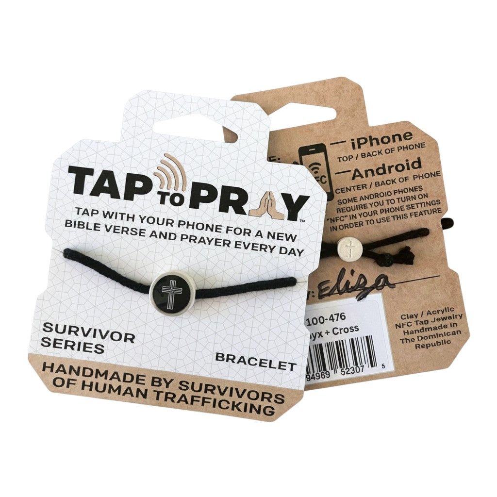 Doodlations Coffee Bar & Boutique black cord bracelet with a silver cross charm and NFC chip for daily Bible verses and prayers.