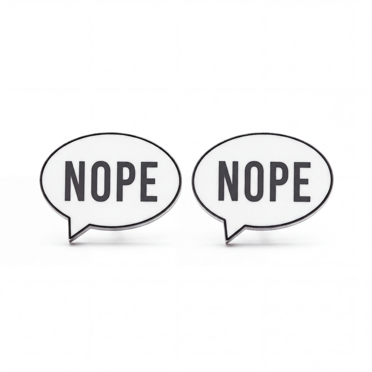 Doodlations Coffee Bar & Boutique Nope earrings featuring white speech bubble designs with black text on stainless steel