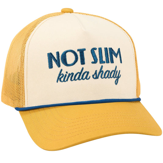 Doodlations Coffee Bar & Boutique Not Slim Kinda Shady trucker hat with cream front, blue embroidery, and yellow brim/mesh.