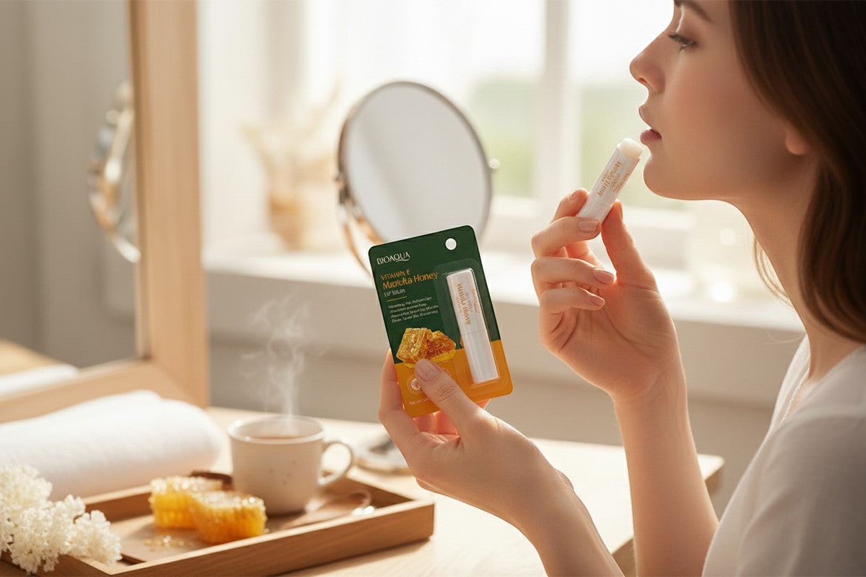 Doodlations Coffee Bar & Boutique Nourishing Lip Balm Stick with Vitamin E and Manuka Honey for intense moisture.