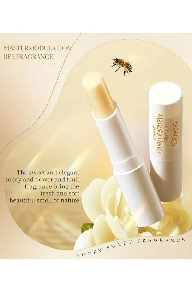 Doodlations Coffee Bar & Boutique Nourishing Lip Balm Stick with Manuka Honey and Vitamin E, creamy, conditioning, and hydrating.
