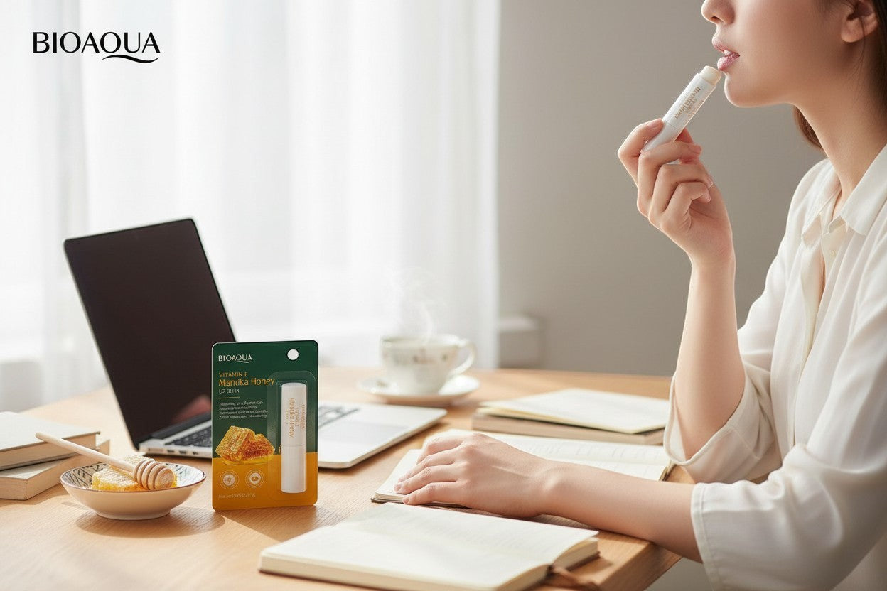 Doodlations Coffee Bar & Boutique Nourishing Lip Balm Stick with Vitamin E and Manuka Honey, creamy formula for hydration.