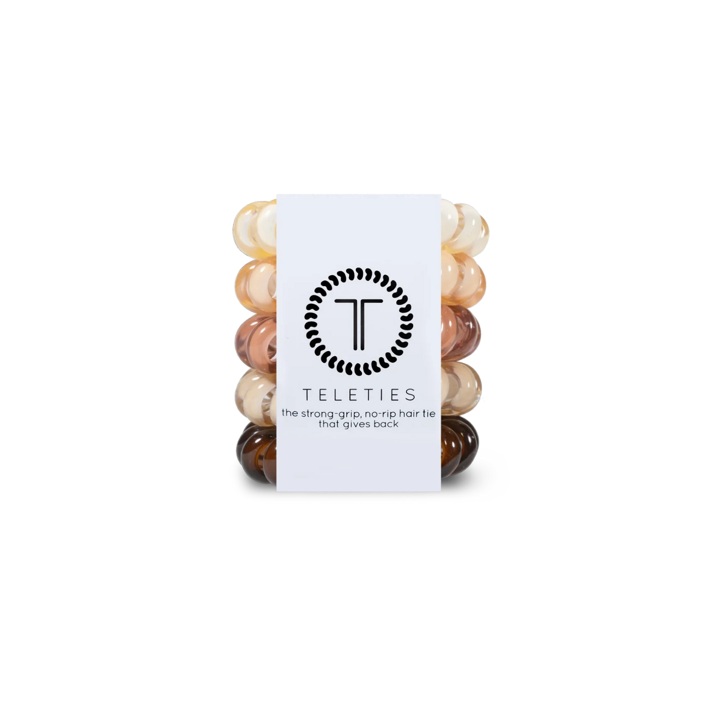Doodlations Coffee Bar & Boutique For the Love of Nudes hair ties in a stack of neutral brown and beige spiral coils.