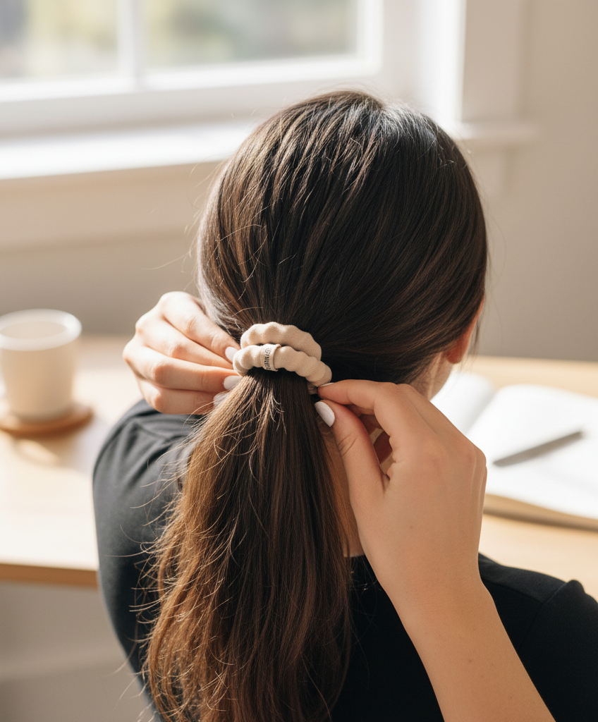 Doodlations Coffee Bar & Boutique nylon spiral hair tie in espresso brown worn in a ponytail by a woman