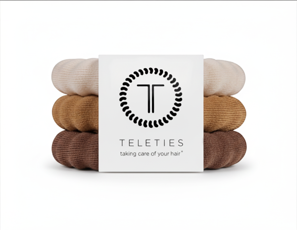 Doodlations Coffee Bar & Boutique Teleties nylon hair ties in a gradient of brown shades with a branded paper sleeve