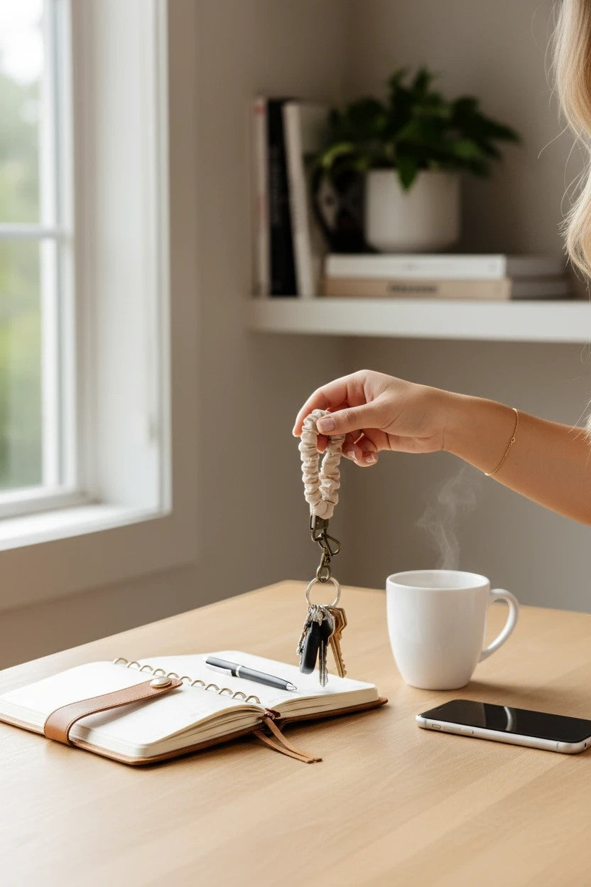 Doodlations Coffee Bar & Boutique oat milk luxe fabric scrunchie keychain held by a hand over a desk with a notebook.