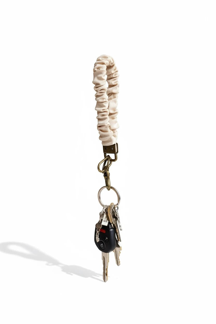 Doodlations Coffee Bar & Boutique oat milk luxe fabric scrunchie keychain with antique brass hardware and keys