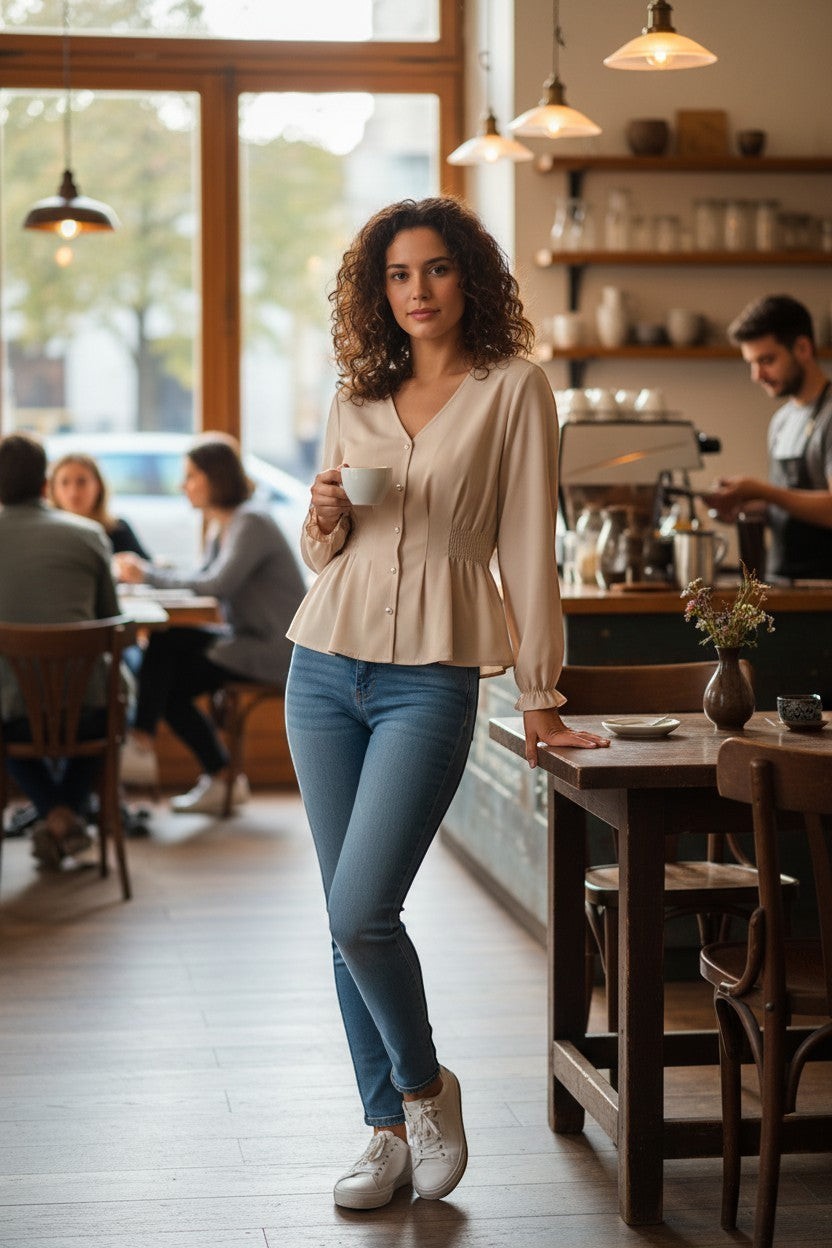 Doodlations Coffee Bar & Boutique oatmeal V-neck blouse with ruffled cuffs and button detail worn with blue jeans