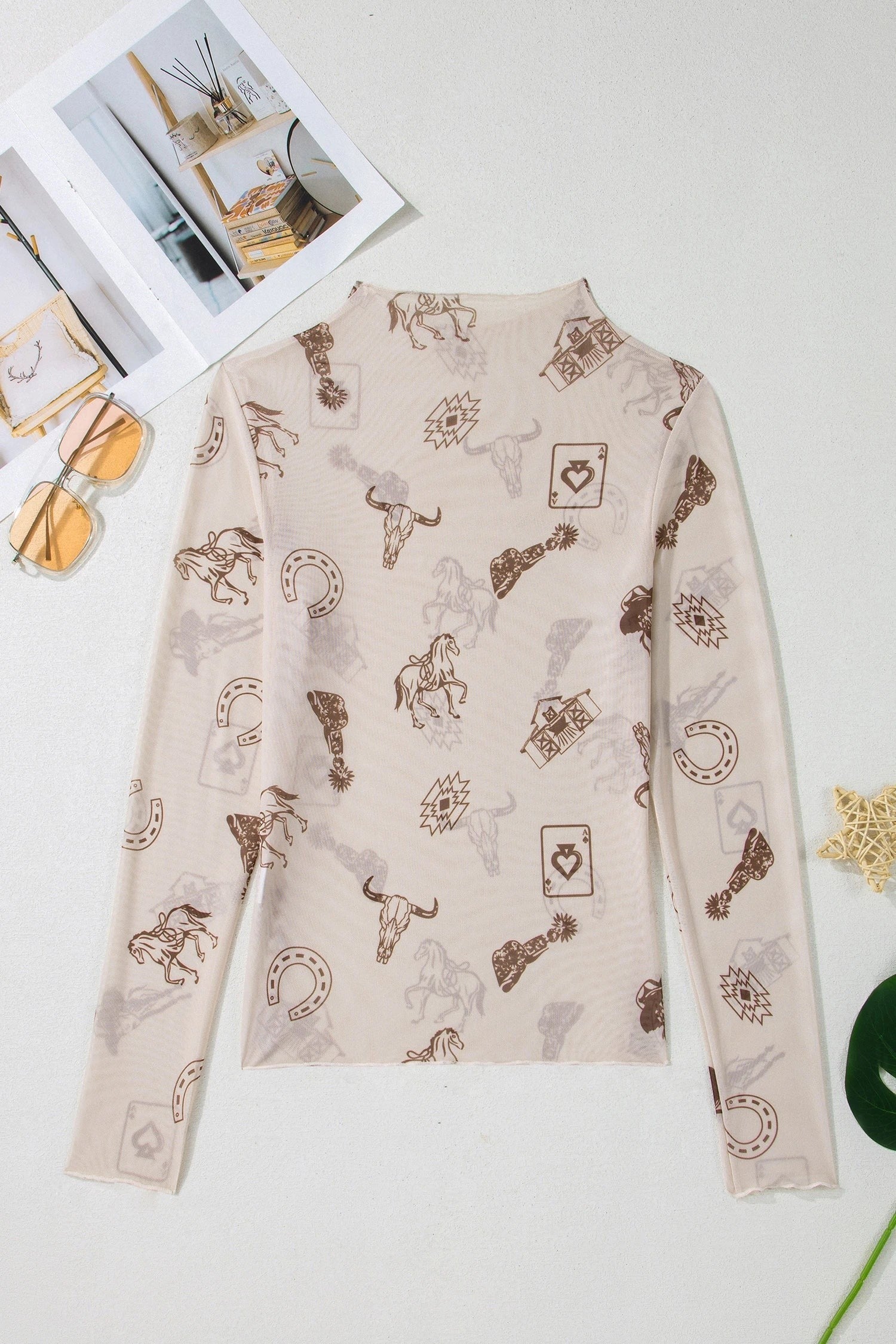 Doodlations Coffee Bar & Boutique oatmeal mesh long sleeve top with brown Western print and mock neck