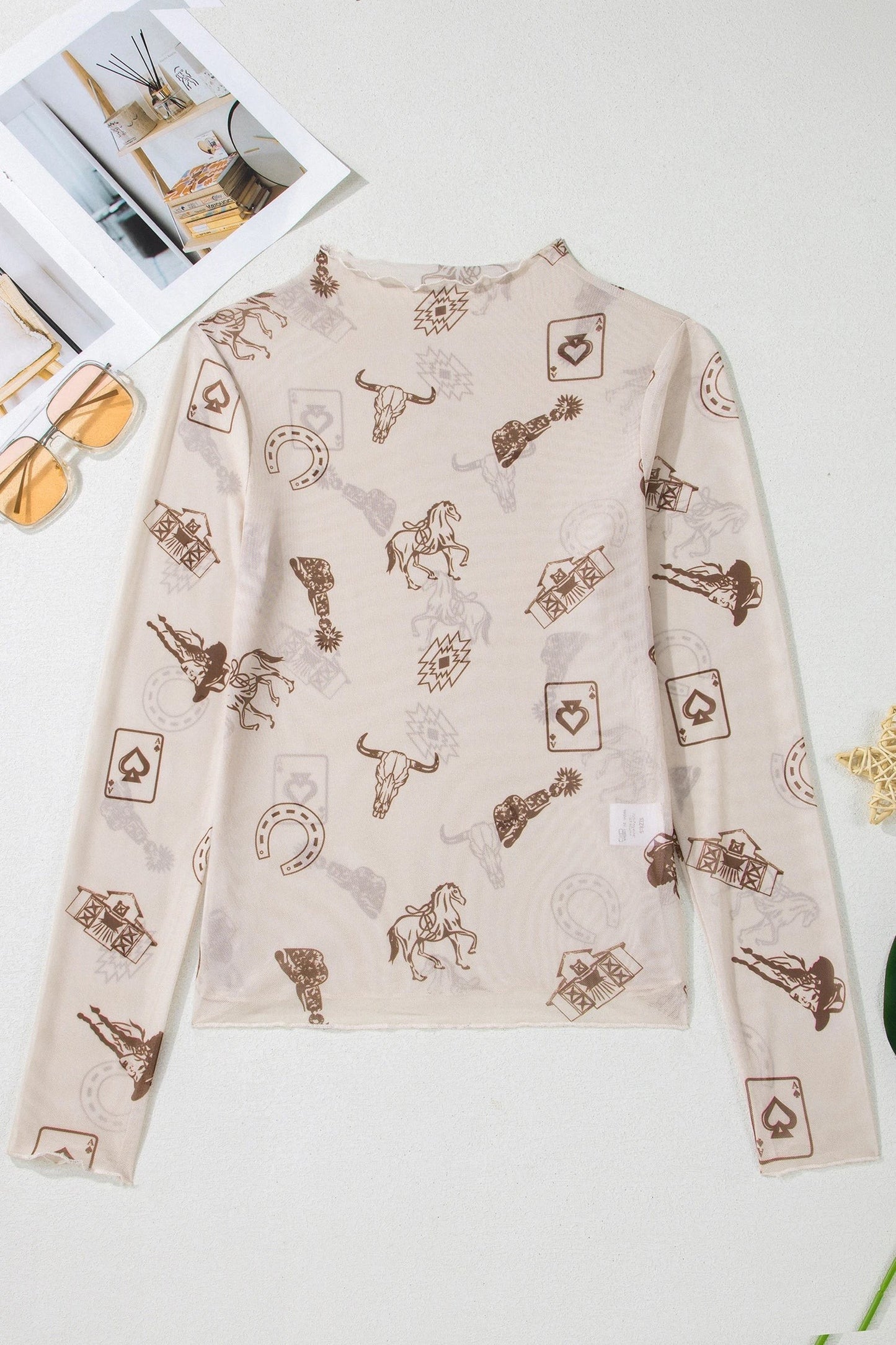 Doodlations Coffee Bar & Boutique oatmeal mesh long sleeve top with brown Western print and mock neck